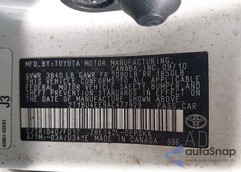 2010 Toyota Corolla S из США, поврежденный, VIN 2T1BU4EE9AC477929